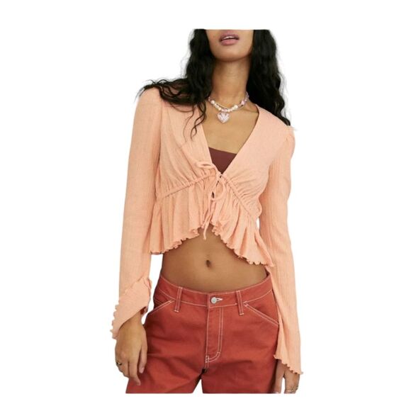 URBAN OUTFITTERS Peach Boho Front Drawstring Tie Bell Sleeve Blouse Medium - Picture 1 of 7
